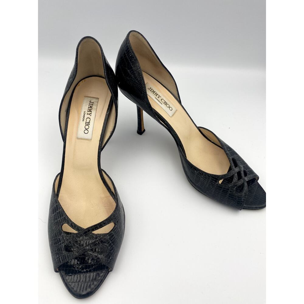 Jimmy Choo Lena Lizard Print Charcoal Leather Heels